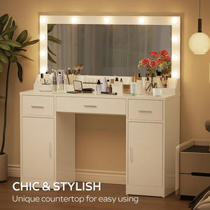 Dormitorio Madera Moderno 3 colores Brillo ajustable Modo de iluminación <span class=keywords><strong>Tocador</strong></span> <span class=keywords><strong>con</strong></span> <span class=keywords><strong>espejo</strong></span> 3 cajones 2 gabinetes verticales - Product Image 3