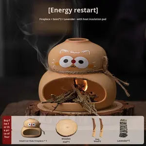 Ensemble de cheminée en céramique en forme de chaton, décoration de bureau à domicile, brûleur d'encens aromatique, écologique, glaçure colorée, plaque de lavande Dehua - Product Image 2