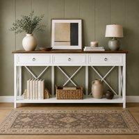 Console moderne en bois de style farmhouse de 180 cm avec 3 tiroirs et étagère de rangement, idéale pour l'entrée, le couloir, le hall ou le salon, disponible en blanc et brun