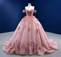 Gaun Pengantin 3D Floral Ball Gown Dusty Rose Romantis, Gaun Pengantin Off-Shoulder yang Indah dengan Hiasan Bunga Buatan Tangan & Ekor Gaun yang Mengembang