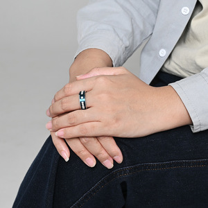 <b>Titanium</b> Steel Two Tone <b>Ring</b> With Diamond Inlay Blue Black Unisex Jewelry Gift - Product Image 2