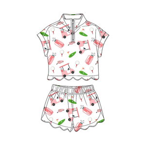 Ensemble de vêtements pour filles, personnalisé, décontracté, imprimé chariot de golf, respirant, en coton et élasthanne, avec chemise à fermeture éclair et short à bord festonné, pour le printemps et l'automne - Product Image 2