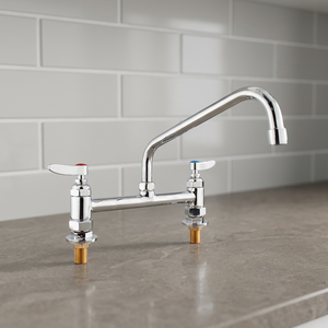 Deck Mount 2-Handle Bridge Kitchen Faucet, Chrome <b>Hot</b> <b>Cold</b> Mixer Tap with Long Swivel Spout - Product Image 1