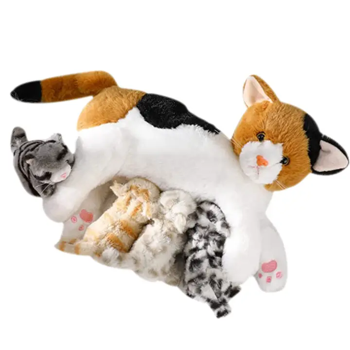 Venda global agradável-olhando animal de pelúcia gato, brinquedo de pelúcia, macio, mãe, gato com 4 gatos do bebê, brinquedo de pelúcia