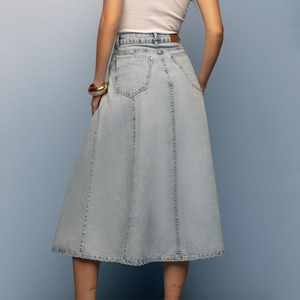 Custom Logo Breathable Summer Casual Button Fly Flared Long High Waist Pleated A-Line Midi <strong>Denim</strong> Skirts for Women - Product Image 2