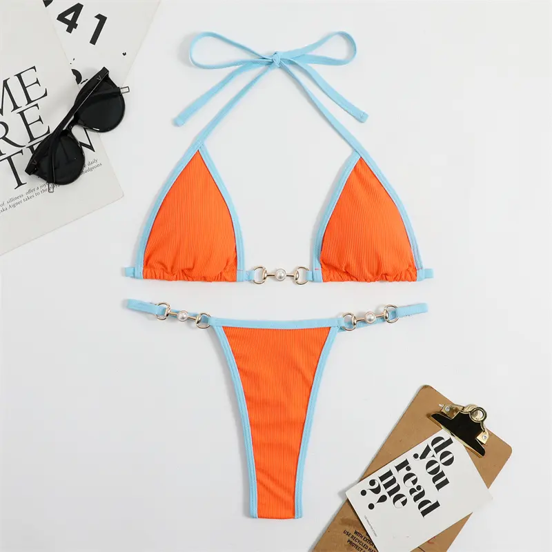 Pit Stof Split Bikini Nieuwe Multicolor Gouden Accessoires Nylon Vrouwen Driehoek Badpak