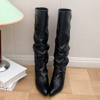 Bottes d'équitation montantes en cuir véritable à bout pointu et talon épais pour l'hiver