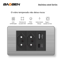 Prise murale BAOBEN en acier inoxydable, norme brésilienne, double USB Type C, interrupteur d'éclairage avec 5 ports, prise 10A 20A