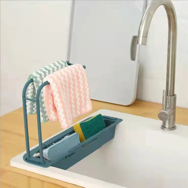 Kitchen Accessories Tool Telescopic Sink Drain Rack Plastic Soap Sponge Holder Washing Hanging Rag Rack