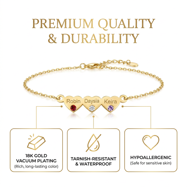 Custom Birthstone Heart Bracelet Personalized Engraved Name Jewelry 18K Gold Plated for Stainless Steel Bracelet for Women Kids