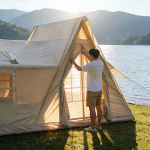 ベージュ 1ルーム1ホール インフレータブルテント 三角屋根一体型エアコラム ミニマリストファミリーキャンプ OEM/ODM ISO9001 - Product Image 3