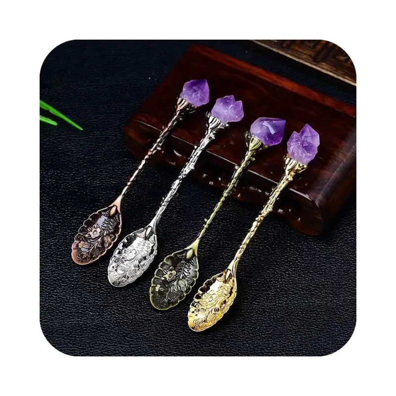 Natural best selling Amethyst Cluster Stirring Energy mineral Crystal Teaspoon Coffee Spoon for gift Kitchen Supplies decoration