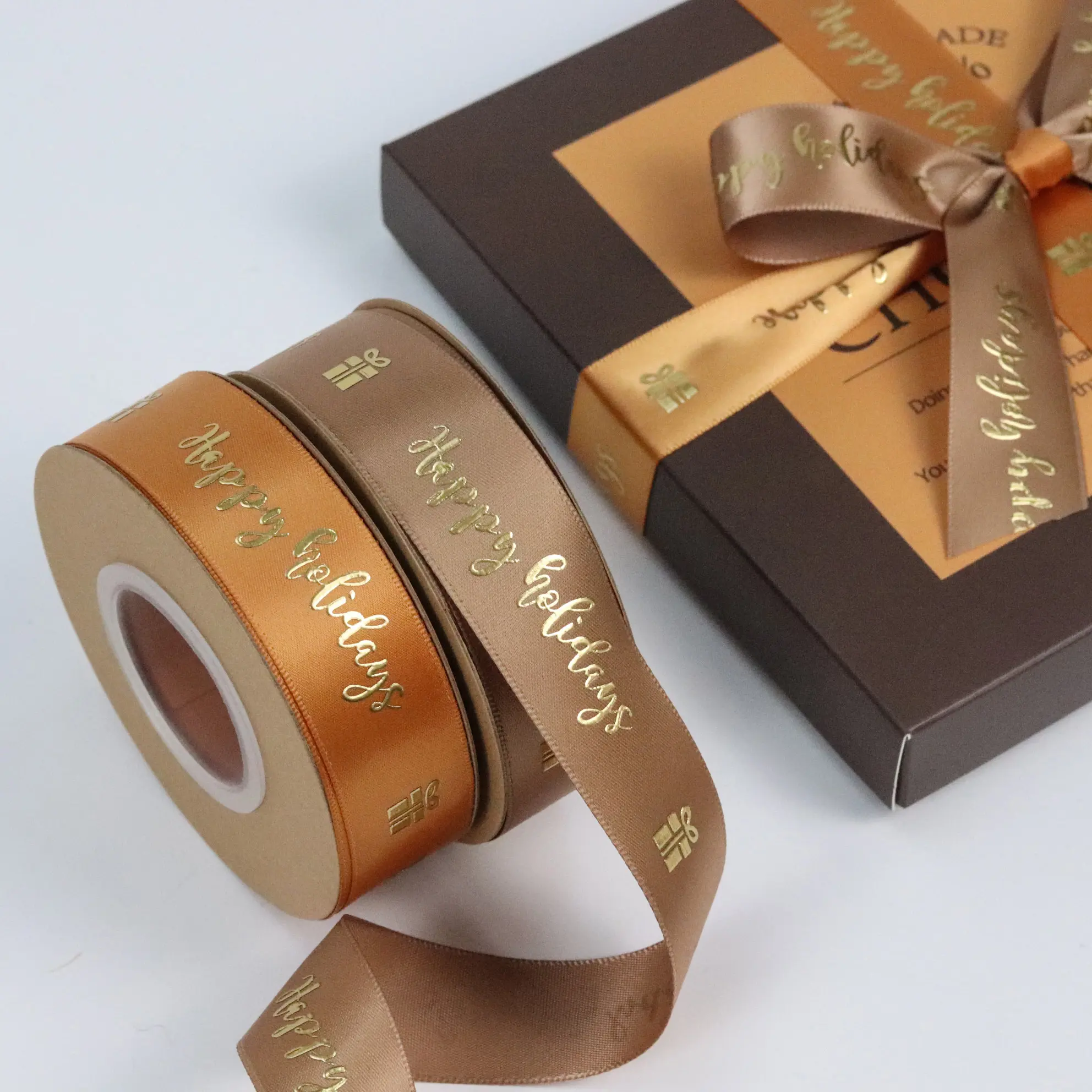 Factory Eco-friendly Customized Gift Personalised Hot Stamp 3D Gold Foil Ribbon Brand Foil Printed Satin Ribbon For Packing