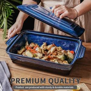 네뷸라 블루 반응성 유약 직사각형 세라믹 캐서롤 디쉬 세트 (뚜껑 포함) - 빈티지 라자냐 베이킹 트레이 - Product Image 3