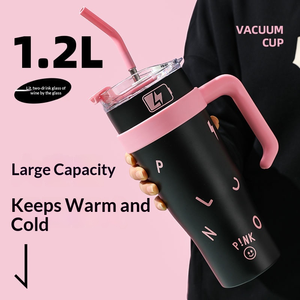 Nouvelle Tasse <span class=keywords><strong>Thermos</strong></span> <span class=keywords><strong>Isotherme</strong></span> en Acier Inoxydable Noir et Rose, Grande Tasse à <span class=keywords><strong>Café</strong></span> avec Paille, <span class=keywords><strong>Mug</strong></span> <span class=keywords><strong>Isotherme</strong></span> 40oz avec Poignée pour Voiture et Voyage - Product Image 3