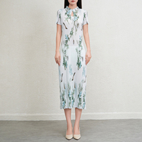Robe midi plissée florale de style oriental moderne, élégante robe de soirée plissée avec col mandarin, logo personnalisé, marque privée