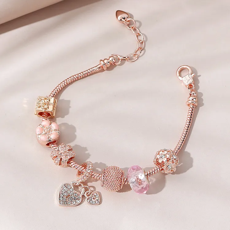 Hot Selling Rose Gold CZ Cubic Zirconia Heart Drop Charm Bracelet Pink Rhinestone Crystal Flower Charm Bracelet