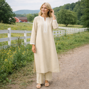 Ensemble deux pièces élégant pour <span class=keywords><strong>femme</strong></span> en <span class=keywords><strong>lin</strong></span> et coton <span class=keywords><strong>beige</strong></span>, avec col en V fendu, bordure en dentelle blanche et fente latérale, idéal pour le quotidien - Product Image 4