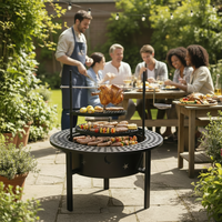 Barbecue rond au charbon de bois avec kit de rôtissoire, barbecue d'extérieur avec deux grilles de cuisson et table latérale pour fumer, poulet