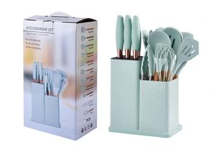 Juego de utensilios de cocina de silicona Juego de cortadores de 19 piezas Contenedor de almacenamiento Soporte para cuchillos de color paja de trigo Estante de almacenamiento - Product Image 5