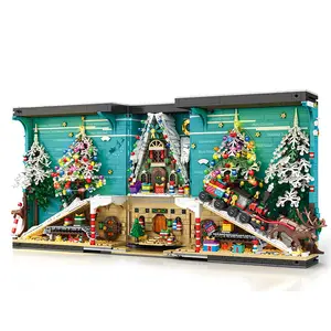 स्ट्रीट व्यू क्रिसमस ग्राम ट्री हाउस ट्रेन बिल्डिंग ब्लॉक बच्चों के लिए एलईडी लाइट टॉय के साथ इकट्ठे हुए