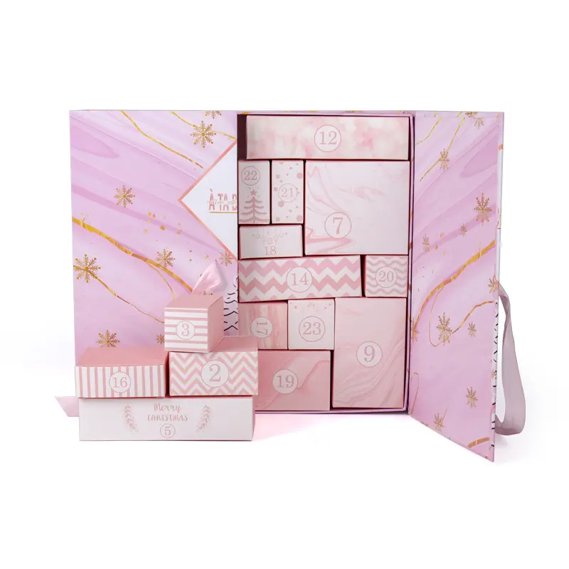 CUSTOM Design OEM ODM ECO Recyclable Rectangle Gift Rigid Christmas Pink Countdown Calendar Birthday Blind Paper Box