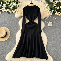 Robe décontractée élégante pour femmes, col à volants, manches longues, coupe évasée, tricotée, avec poches à bordure contrastée, pour un usage quotidien