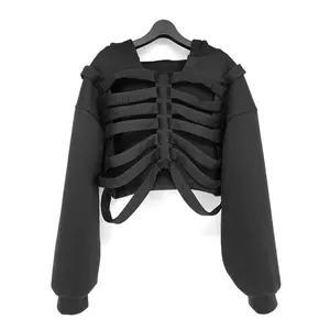 Dark Aesthetic Cropped Hollow Out Ribcage Bone Japanese Harajuku Gothic Hip Hop Ribbed Clothes Hoodie Streetwear For Women
