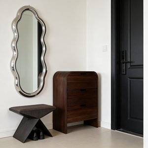 Table de chevet ronde en bois <span class=keywords><strong>avec</strong></span> 3 tiroirs, finition noyer de luxe, pour chambre à coucher, hôtel, villa, meubles - Product Image 4