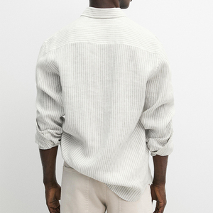 Camicie in <span class=keywords><strong>Lino</strong></span> e Cotone all'Ingrosso, Camicie Casual Personalizzate da <span class=keywords><strong>Uomo</strong></span>, Camicia a Righe Bianche e Grigie a Maniche Lunghe con Bottoni - Product Image 3