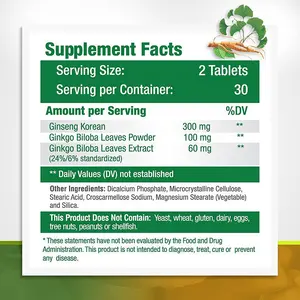 Suplementos herbal de ginseng orgânico, extrato de ginkgo biloba, suplemento energético, tablets, suporte para cuidados de saúde do cérebro