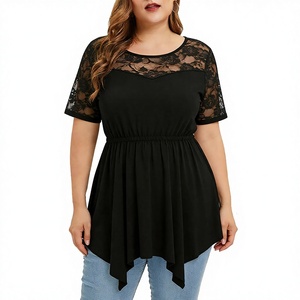 N8184 <span class=keywords><strong>para</strong></span> Mujer Europea y Americana de Talla Grande, Camiseta de Encaje con Manga Corta, Cuello Transparente y Dobladillo Elástico - Product Image 1