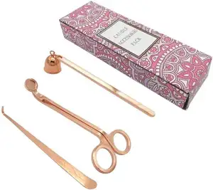 Aksesori Lilin Besi Tahan Karat Matte Hitam Rose Gold Snuffer Dipper Pemangkas Sumbu Set dengan Kotak Putih 3 Dalam 1