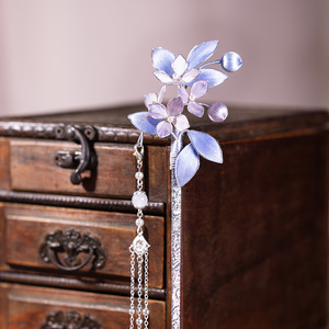 Accesorio para el cabello de estilo antiguo morado, horquilla con borlas, un par de horquillas de estilo chino tradicional con flores de terciopelo, acabado en terciopelo. - Product Image 3