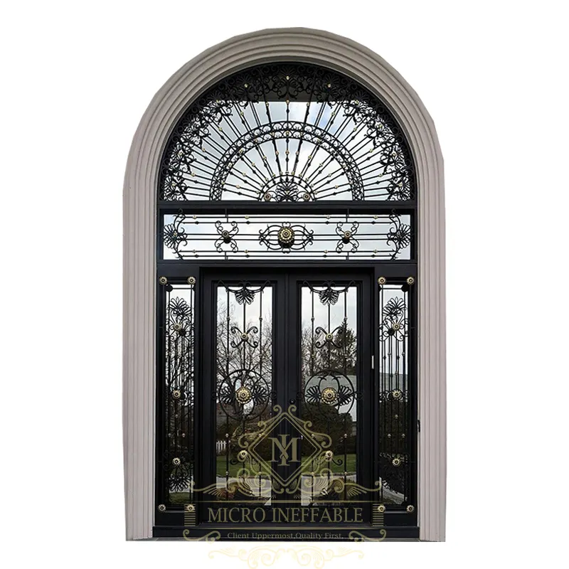 Luxury Design Wrought Iron Double Entry Door Exterior Front Entrance Wrought Iron Glass Door For Villa