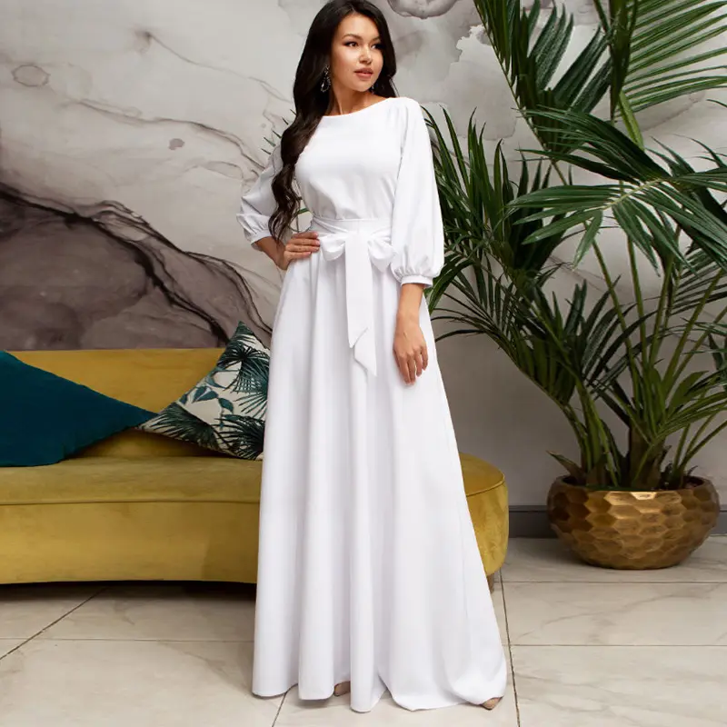 2022 Custom Design Vintage Bow Tie Maxi Long White Dress Women Lantern Sleeve Elegant Dress Floor-Length Dresses