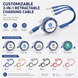 Wholesale Custom Promo Business Logo Gift <b>3</b>-in-1 <b>USB</b> Power Charger <b>Cable</b> Portable Retractable Charging <b>Cable</b> TPE for Phone - Product Image 3
