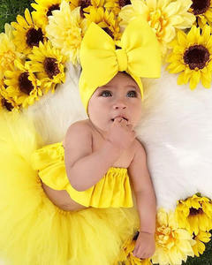 Sleeveless Summer 2021 Headband Tube Dress <b>Elastic</b> Solid Yellow Blouse <b>Lace</b> Bubble Skirt Three Pieces Set Baby Girls Suits - Product Image 5