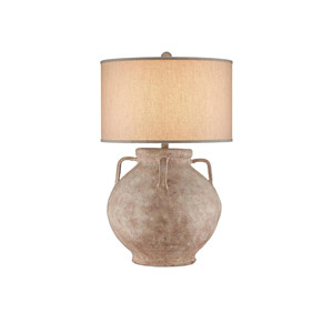 Terracotta Urn with Handles Rustic Ceramic Table Lamp with Linen Shade | Organic Farmhouse Lighting for Resort Hotel & Home - Product Image 1