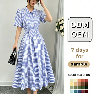 Vestido Camisero a Rayas para Mujer, Cuello Polo, Manga Corta, Corte en A, Midi, Casual, Verano, Preppy, Oficina - Product Image 1