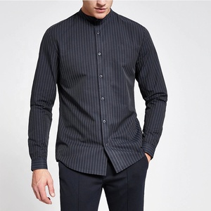 Siqin OEM Manufacturer Latest Designs <strong>Men</strong> Navy Pinstripe <strong>Grandad</strong> Collar Slim Fit Long Sleeve Cotton <strong>Shirt</strong> - Product Image 1