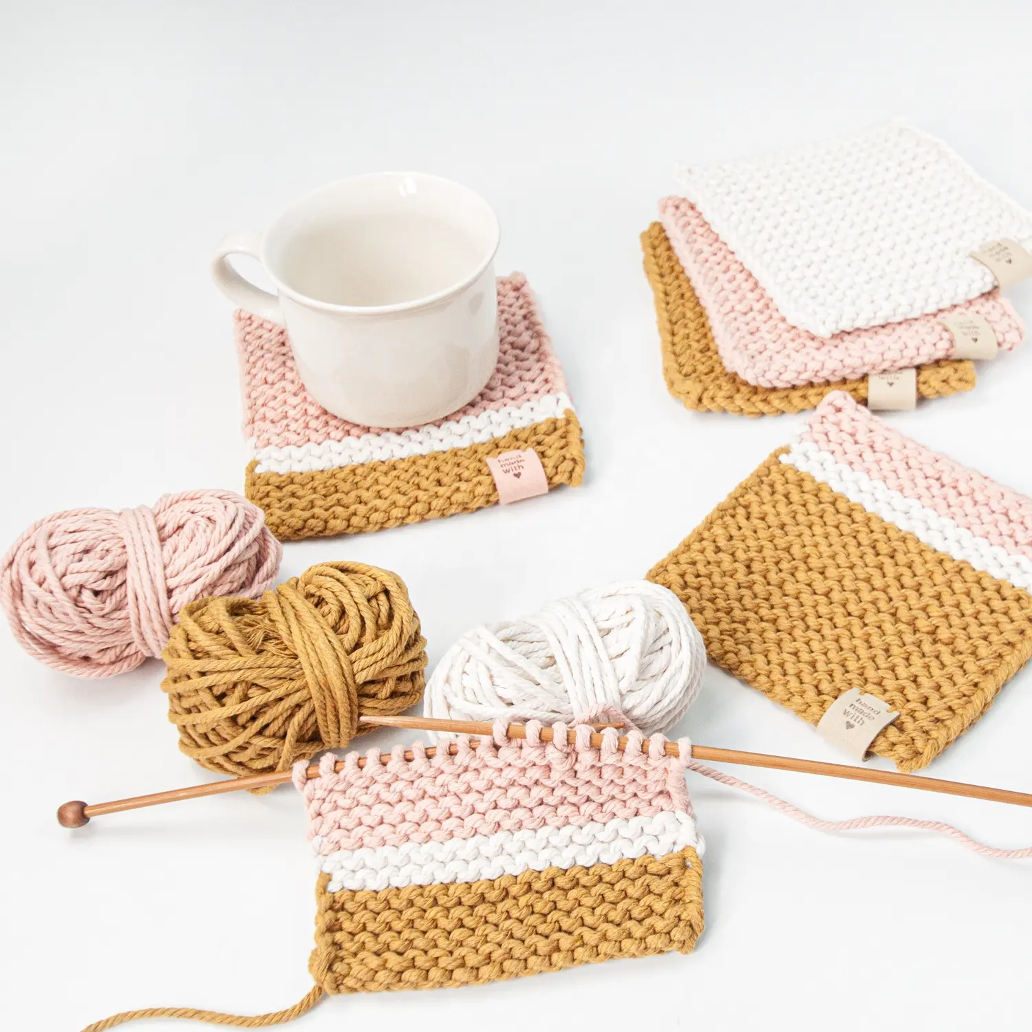 Agulhas de Tricô com Macramé Cotton String Rosa e Amarelo Kit para Coaster DIY