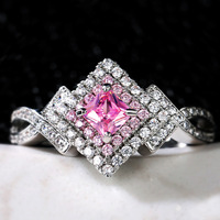 Nouveau Design doux paillettes anneaux bijoux dame filles princesse carré brillant rose Zircon anneaux argent beaux anneaux carré GJZ0446