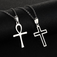Promotion Américaine Chaîne à Maillons Entrelacés Plaqué Or PVD Collier Pendentif Croix Ankh en Acier Inoxydable pour Femme