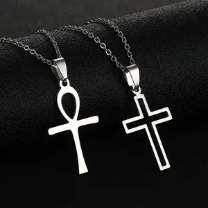 America Hot Sale Pvd Gold Plated Cross Link Chain Necklace Stainless Steel Ankh Cross Pendant Necklace For Women