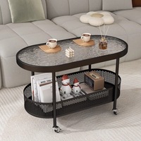 Table d'appoint ovale moderne en verre trempé à double niveau pour maison mobile, chariot roulant pour canapé avec panier de rangement