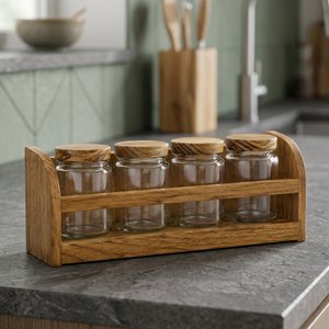 Estante de Almacenamiento de un Solo Nivel para Encimera, de Madera de Mango y Acero Inoxidable, con Frascos de Vidrio - Organizador de Cocina de Estilo Moderno de Mediados de Siglo - Product Image 2