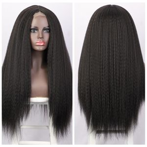 Peluca sintética recta rizada de 30 "de largo, parte media, peluca con malla frontal pequeña sintética italiana Yaki, peluca sintética de pelo de fibra de calor OK - Product Image 6