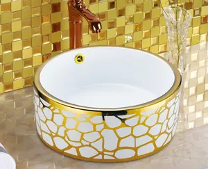 Lavabo à poser sur support existant, style européen, vasque en céramique dorée, pour salle de bain, style tech