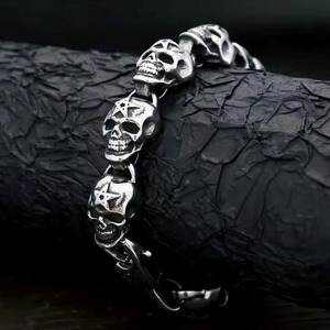 Pulsera con forma de calavera yunnique, brazalete de cadena de acero inoxidable para hombre, grabado de estrella de cinco puntas, cierre de langosta, regalo de joyería, 19,5 CM, 22,5 CM - Product Image 4